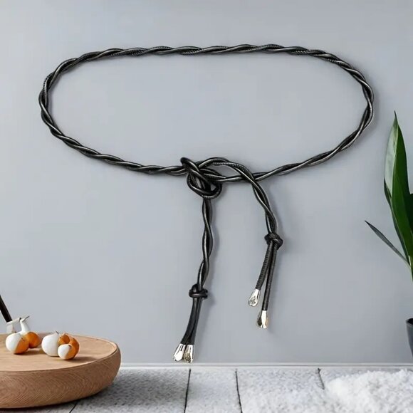 Chic Vegan Glove Tanned Soft Faux Leather Tie Waist Classy Black Rope Belt - Picture 3 of 6